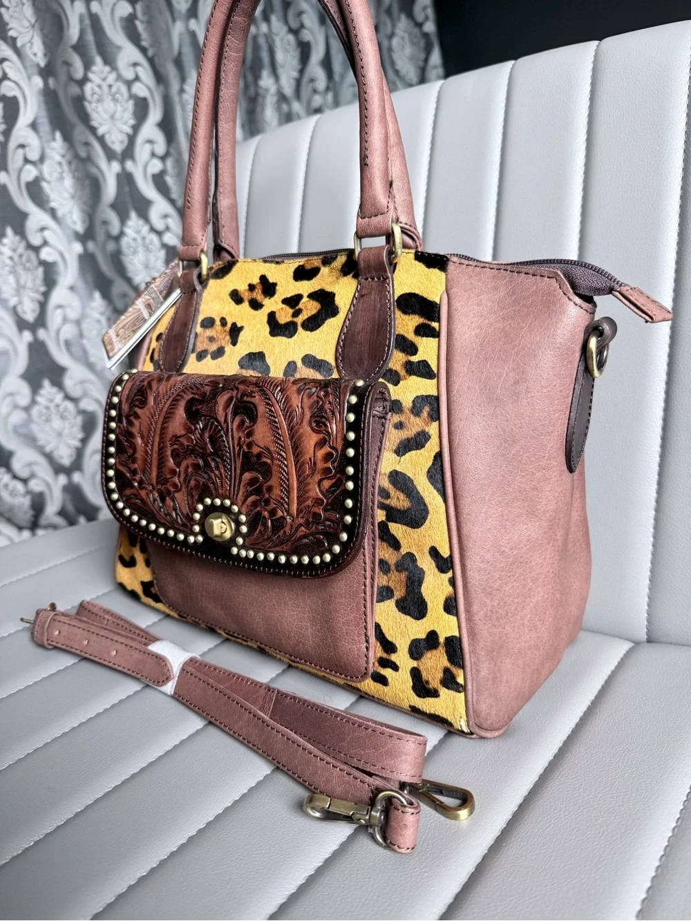 American Darling Leopard Tooled Leather Hair on Hide Cowhide Conceal Carry Bag